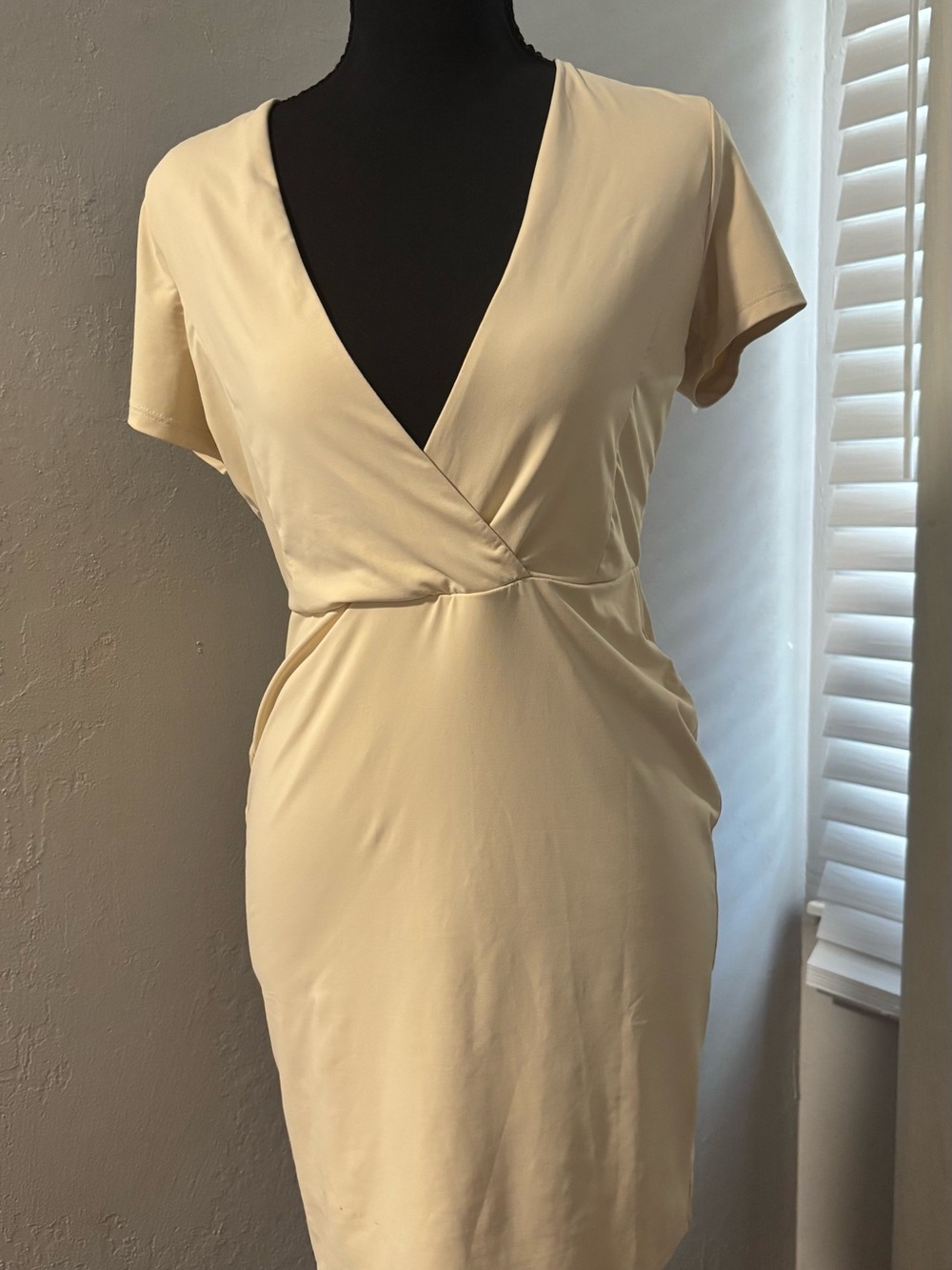 Cream Wrap-Front Short Sleeve Dress